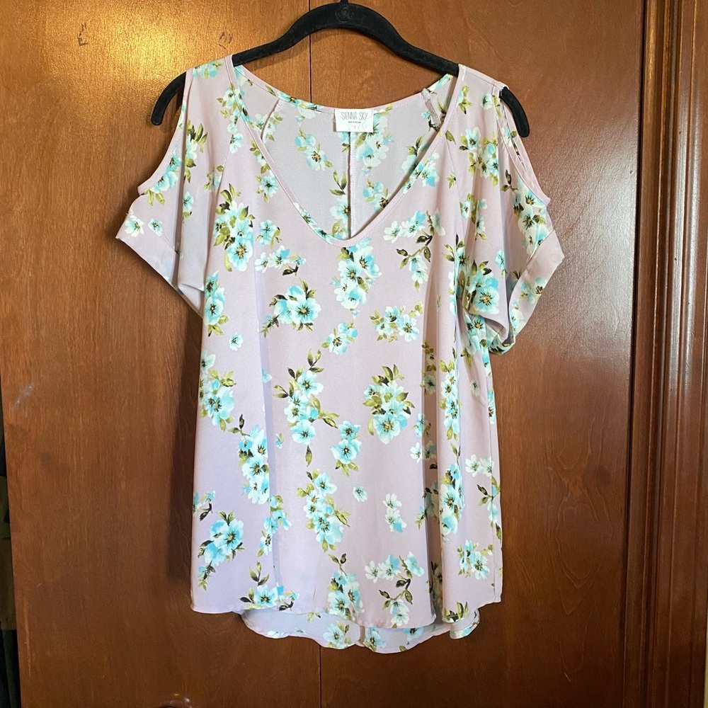 Purple and blue floral cold shoulder blouse